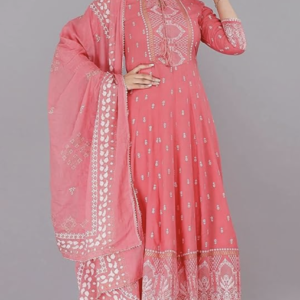 Shree Balaji Shine Women's Rayon Ghanti Anarkali Kurti Palazzo With Dupatta Set